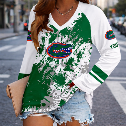 [FAN FAVORITE] NEW CUSTOMIZED NCAA CWS08 FLG FLORIDA GATORS WOMEN'S V-NECK LONG SLEEVED SHIRT