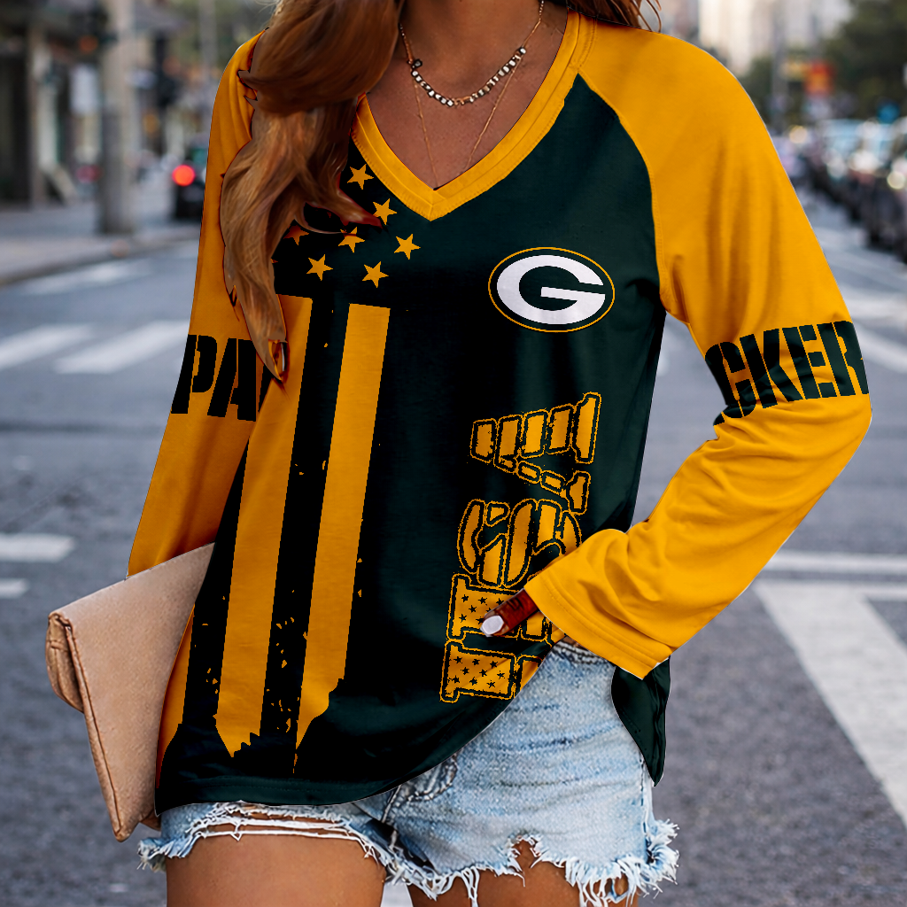 LIMITED EDITION - NEW CUSTOMIZED NFL08 GBP GREEN BAY PACKERS WOMEN'S V-NECK LONG SLEEVED SHIRT