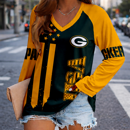 LIMITED EDITION - NEW CUSTOMIZED NFL08 GBP GREEN BAY PACKERS WOMEN'S V-NECK LONG SLEEVED SHIRT