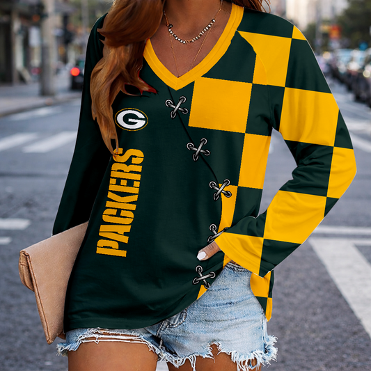 LIMITED EDITION - NEW CUSTOMIZED NFL08 GBP GREEN BAY PACKERS WOMEN'S V-NECK LONG SLEEVED SHIRT