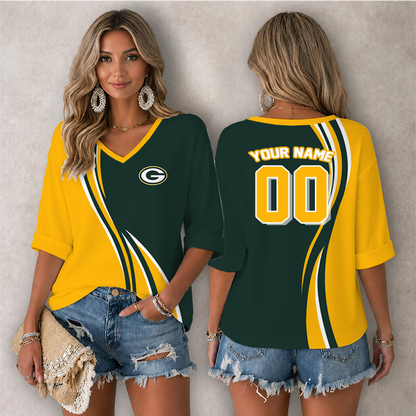 LIMITED EDITION - NEW CUSTOMIZED NFL08 GBP GREEN BAY PACKERS WOMEN'S HEART V-NECK LONG SLEEVE SHIRT