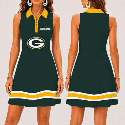 [SPECIAL OFFER] NEW CUSTOMIZED NFL08 GBP GREEN BAY PACKERS WOMEN'S ZIP SLEEVELESS POLO DRESS