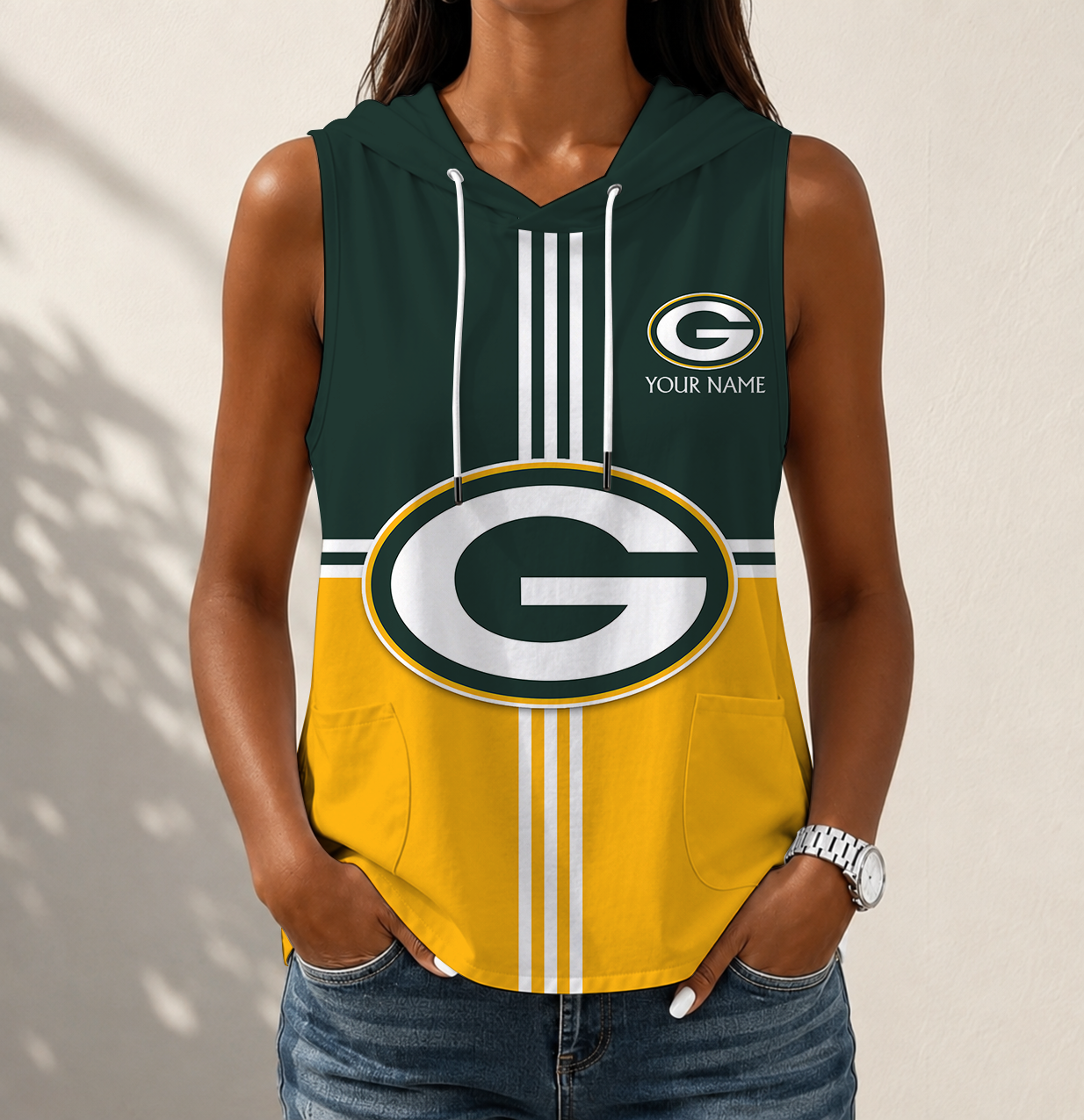 LIMITED EDITION - NEW CUSTOMIZED NFL08 GBP GREEN BAY PACKERS WOMEN'S SLEEVELESS HOODED POCKET TANK TOP