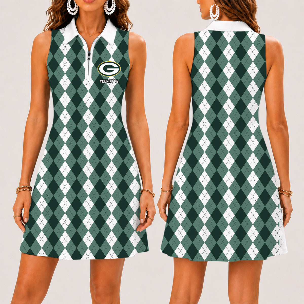 [SPECIAL OFFER] NEW CUSTOMIZED NFL08 GBP GREEN BAY PACKERS WOMEN'S ZIP SLEEVELESS POLO DRESS