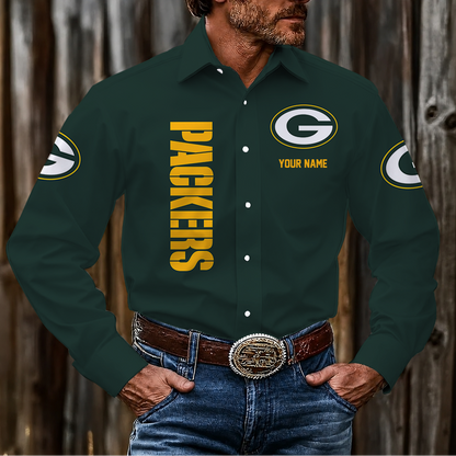 LIMITED EDITION - NEW CUSTOMIZED NFL08 GBP GREEN BAY PACKERS MEN'S LONG SLEEVE BUTTON-UP SHIRT