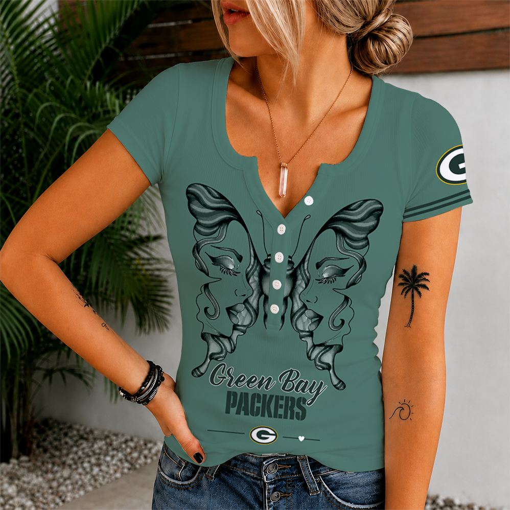 [SPECIAL OFFER] NEW CUSTOMIZED NFL08 GBP GREEN BAY PACKERS WOMEN'S SHORT SLEEVE HENLEY T-SHIRT