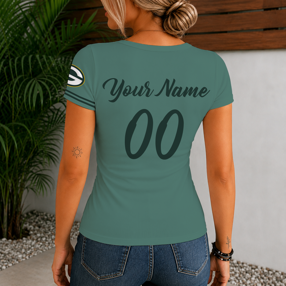 [SPECIAL OFFER] NEW CUSTOMIZED NFL08 GBP GREEN BAY PACKERS WOMEN'S SHORT SLEEVE HENLEY T-SHIRT