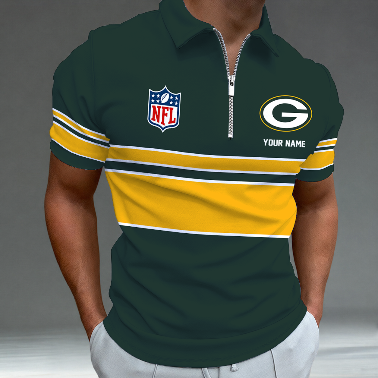 [SPECIAL OFFER] NEW CUSTOMIZED NFL08 GBP GREEN BAY PACKERS ZIP POLO SHIRT