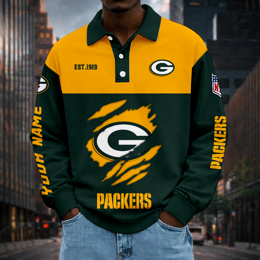 LIMITED EDITION - NEW CUSTOMIZED NFL08 GBP GREEN BAY PACKERS MEN LONG SLEEVE POLO