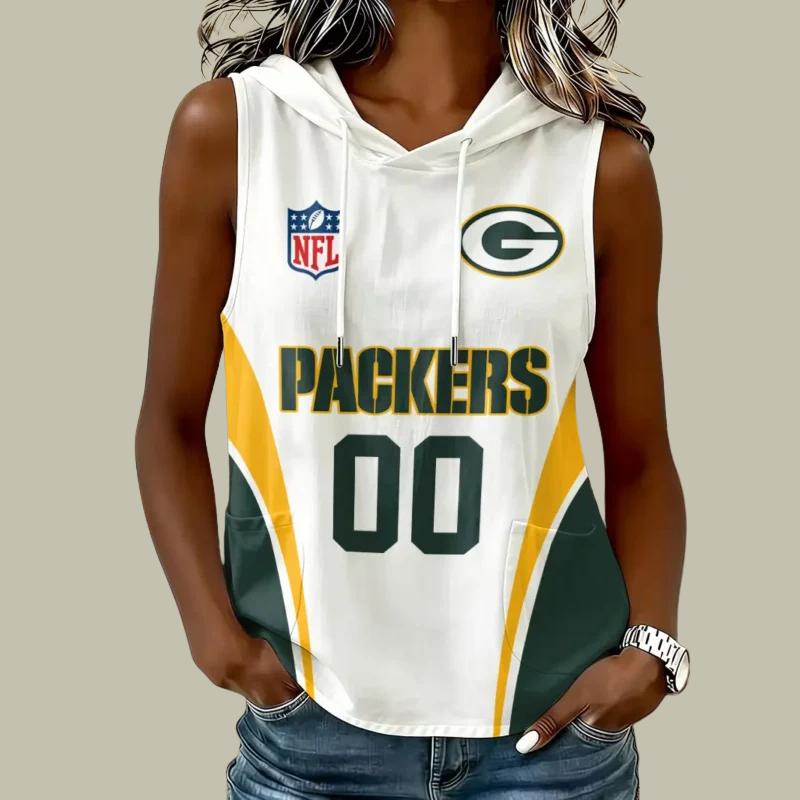 [SPECIAL OFFER] NEW CUSTOMIZED NFL08 GBP GREEN BAY PACKERS WOMEN'S SLEEVELESS HOODED POCKET TANK TOP