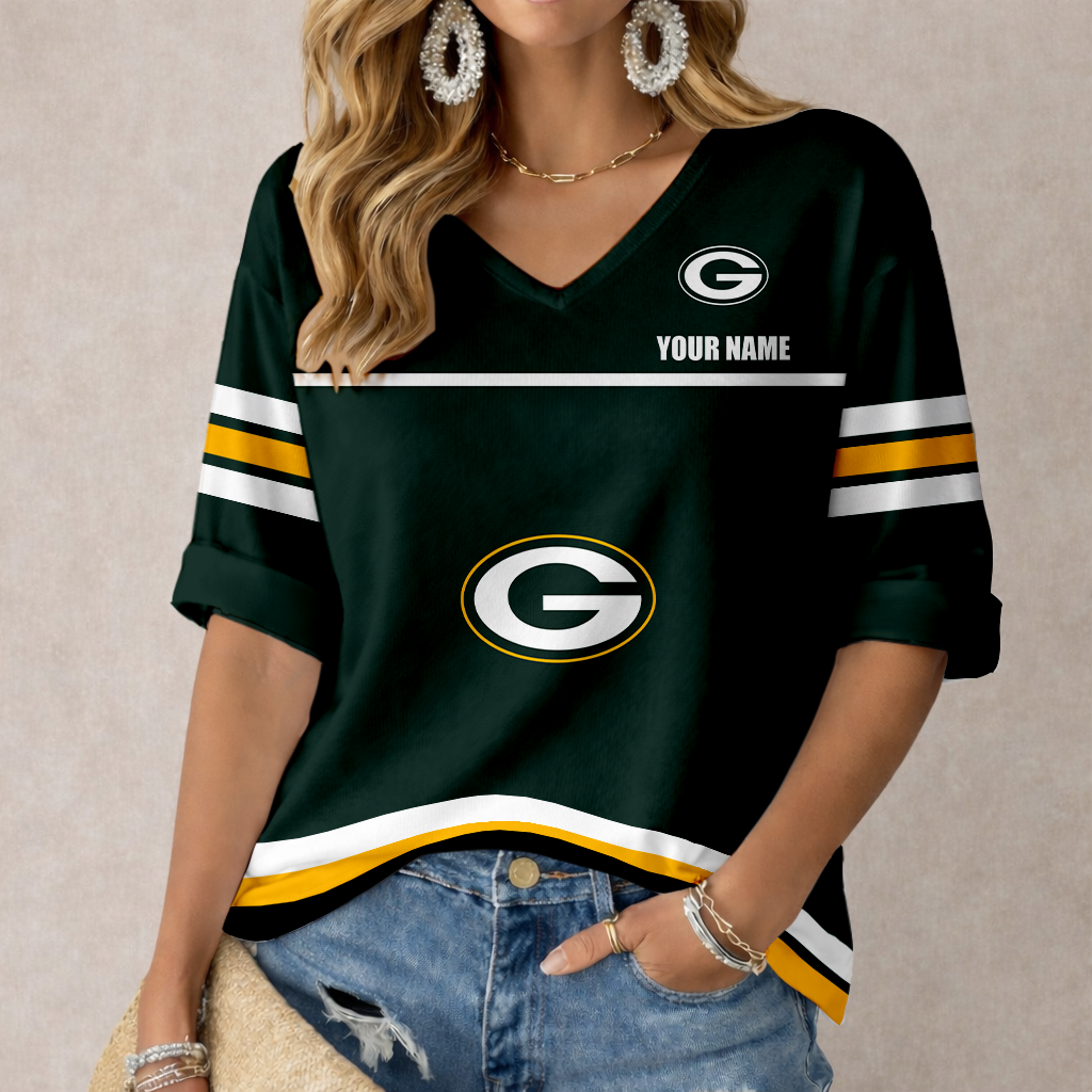 LIMITED EDITION - NEW CUSTOMIZED NFL08 GBP GREEN BAY PACKERS WOMEN'S V-NECK MID-SLEEVE SHIRT