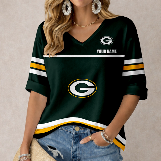 LIMITED EDITION - NEW CUSTOMIZED NFL08 GBP GREEN BAY PACKERS WOMEN'S V-NECK MID-SLEEVE SHIRT