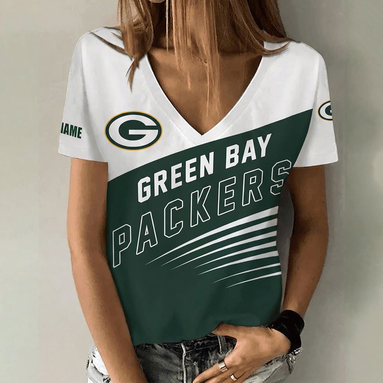 [SPECIAL OFFER] NEW CUSTOMIZED NFL08 GBP GREEN BAY PACKERS V-NECK FEMALE SHIRT