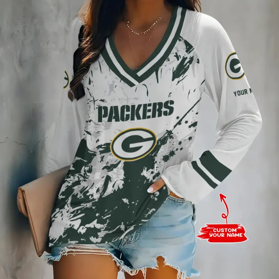 [SPECIAL OFFER] NEW CUSTOMIZED NFL08 GBP GREEN BAY PACKERS WOMEN'S V-NECK LONG SLEEVED SHIRT