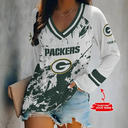 [SPECIAL OFFER] NEW CUSTOMIZED NFL08 GBP GREEN BAY PACKERS WOMEN'S V-NECK LONG SLEEVED SHIRT