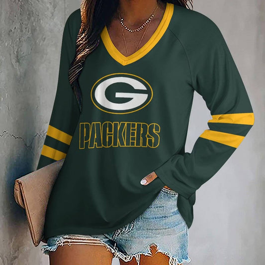 LIMITED EDITION - NEW CUSTOMIZED NFL08 GBP GREEN BAY PACKERS WOMEN'S V-NECK LONG SLEEVED SHIRT