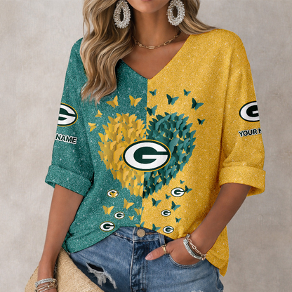 LIMITED EDITION - NEW CUSTOMIZED NFL08 GBP GREEN BAY PACKERS WOMEN'S HEART V-NECK LONG SLEEVE SHIRT