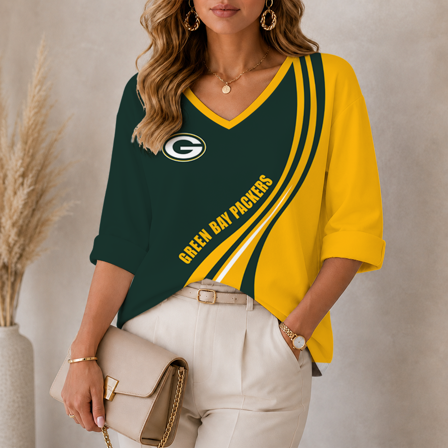 [SPECIAL OFFER] NEW CUSTOMIZED NFL08 GBP GREEN BAY PACKERS WOMEN'S HEART V-NECK LONG SLEEVE SHIRT