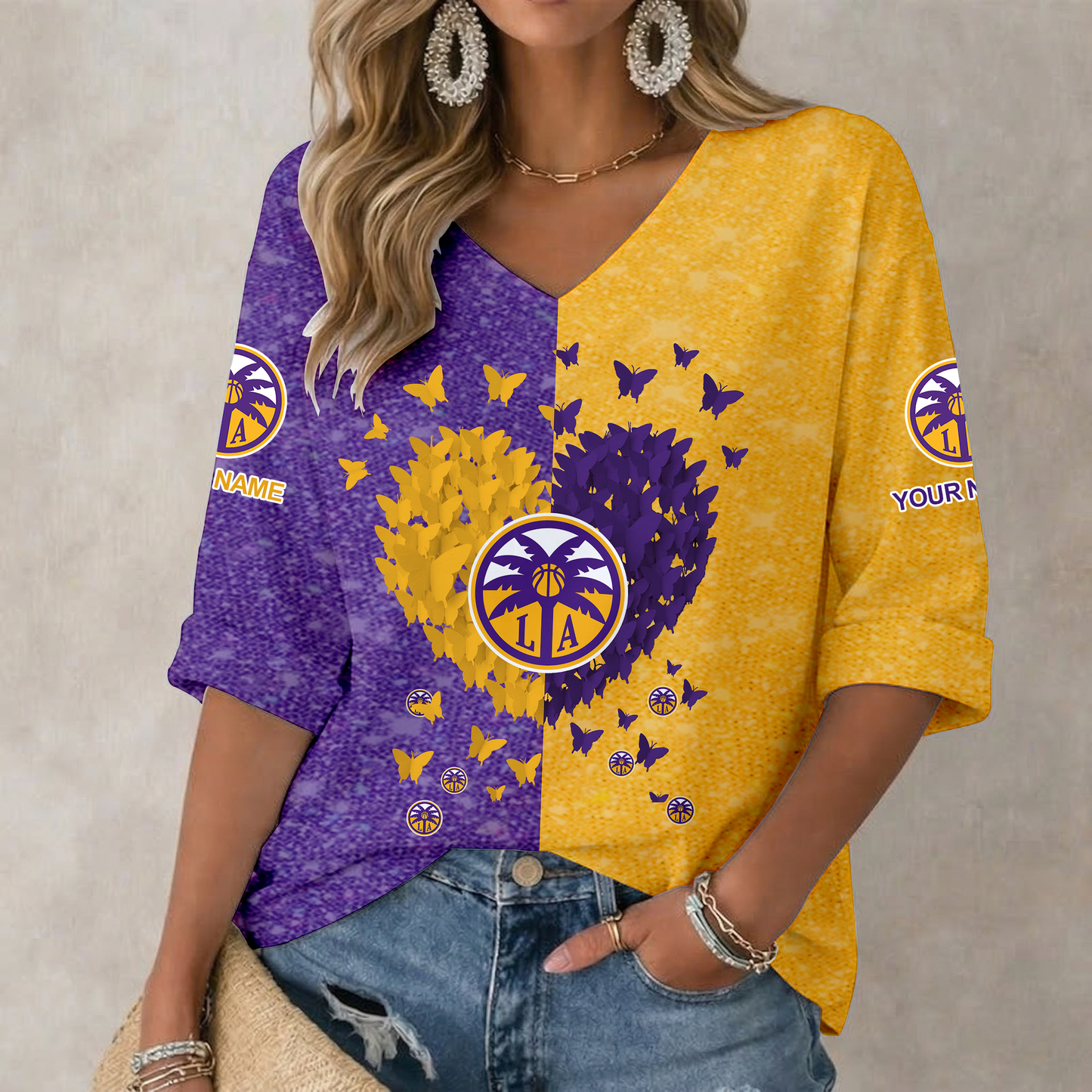 LIMITED EDITION - NEW CUSTOMIZED WNBA08 LAS LA SPARKS WOMEN'S HEART V-NECK LONG SLEEVE SHIRT