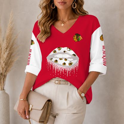 [SUPER SALE] NEW CUSTOMIZED NHL08 CBH CHICAGO BLACKHAWKS WOMEN'S HEART V-NECK LONG SLEEVE SHIRT