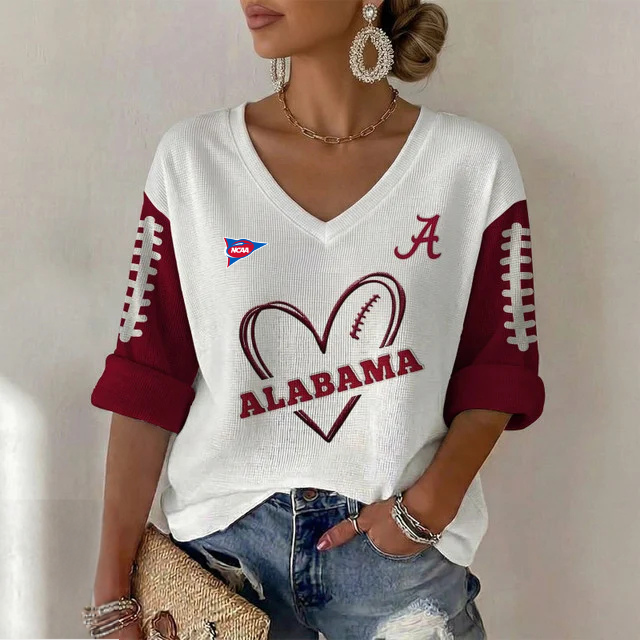 ELITE EDITION - NEW CUSTOMIZED NCAA FBS08 ABC ALABAMA CRIMSON TIDE WOMEN'S HEART V-NECK LONG SLEEVE SHIRT