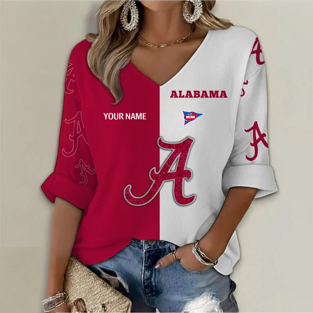 ELITE EDITION - NEW CUSTOMIZED NCAA FBS08 ABC ALABAMA CRIMSON TIDE WOMEN'S HEART V-NECK LONG SLEEVE SHIRT