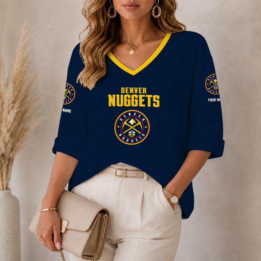[HOT DEAL] NEW CUSTOMIZED NBA08 DNU DENVER NUGGETS WOMEN'S HEART V-NECK LONG SLEEVE SHIRT