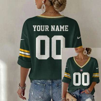 ELITE EDITION - NEW CUSTOMIZED NFL08 GBP GREEN BAY PACKERS WOMEN'S HEART V-NECK LONG SLEEVE SHIRT