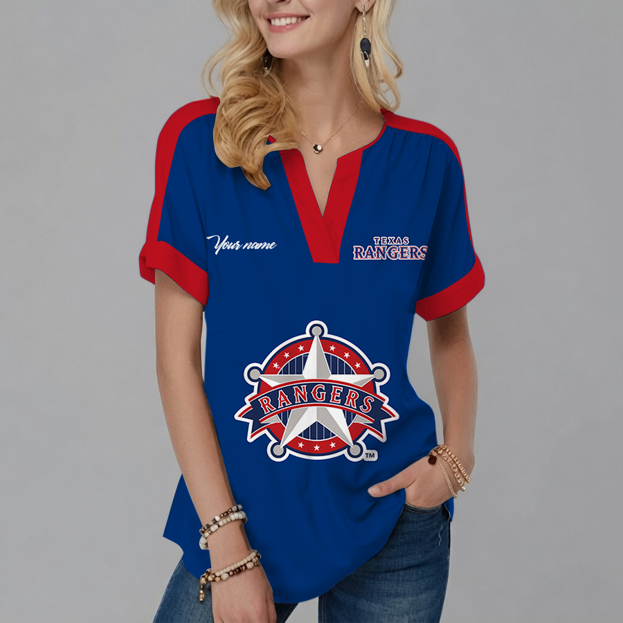 [FLASH SALE] NEW CUSTOMIZED MLB08 TRS TEXAS RANGERS V-NECK FEMALE SHIRT