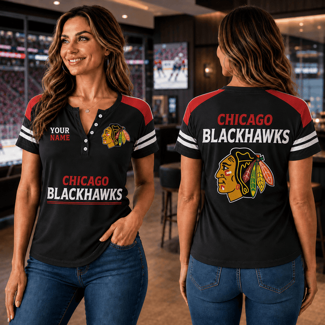 SPECIAL EDITION - NEW CUSTOMIZED NHL08 CBH CHICAGO BLACKHAWKS WOMEN'S SHORT SLEEVE HENLEY T-SHIRT