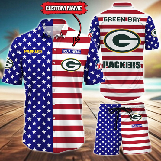 ELITE EDITION  - NEW CUSTOMIZED NFL08 GBP GREEN BAY PACKERS UNISEX INDEPENDENCE DAY HAWAIIAN SHIRT & SHORTS SET