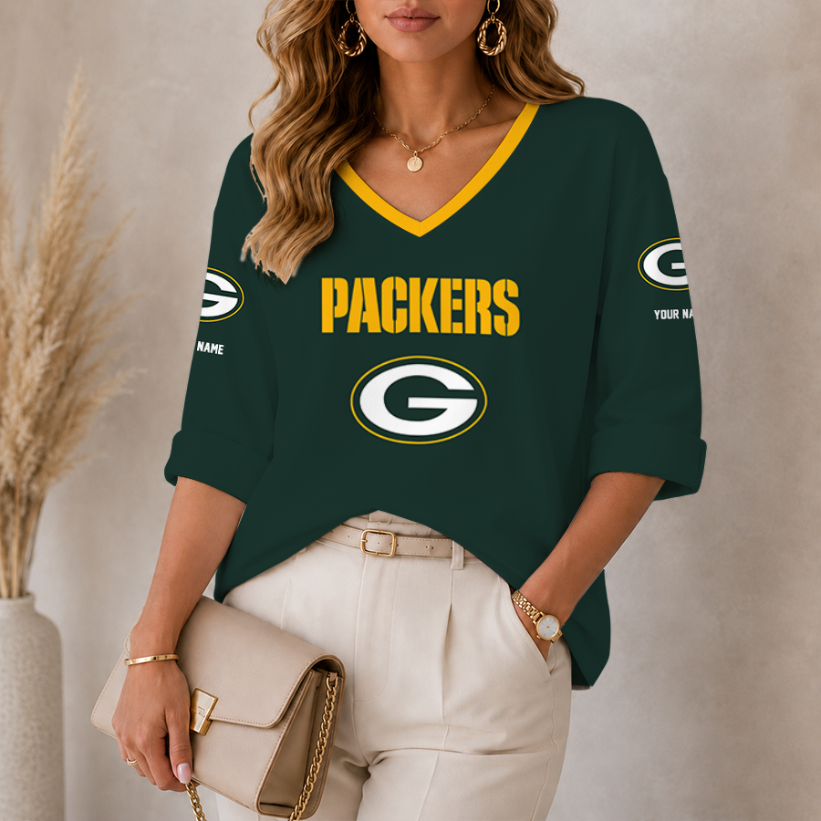 [SPECIAL OFFER] NEW CUSTOMIZED NFL08 GBP GREEN BAY PACKERS WOMEN'S HEART V-NECK LONG SLEEVE SHIRT