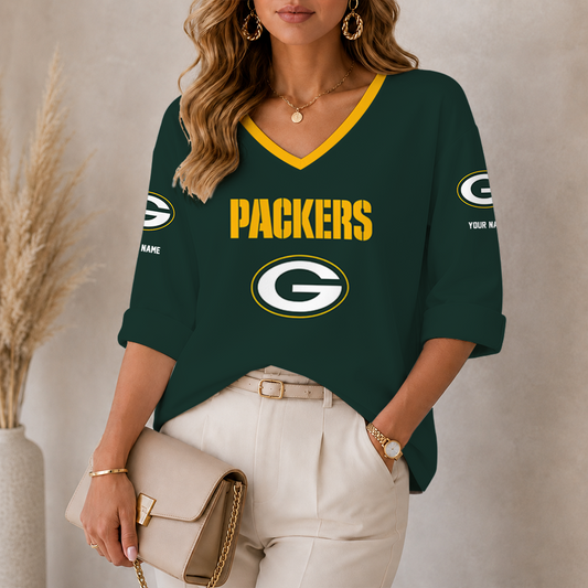 [SPECIAL OFFER] NEW CUSTOMIZED NFL08 GBP GREEN BAY PACKERS WOMEN'S HEART V-NECK LONG SLEEVE SHIRT