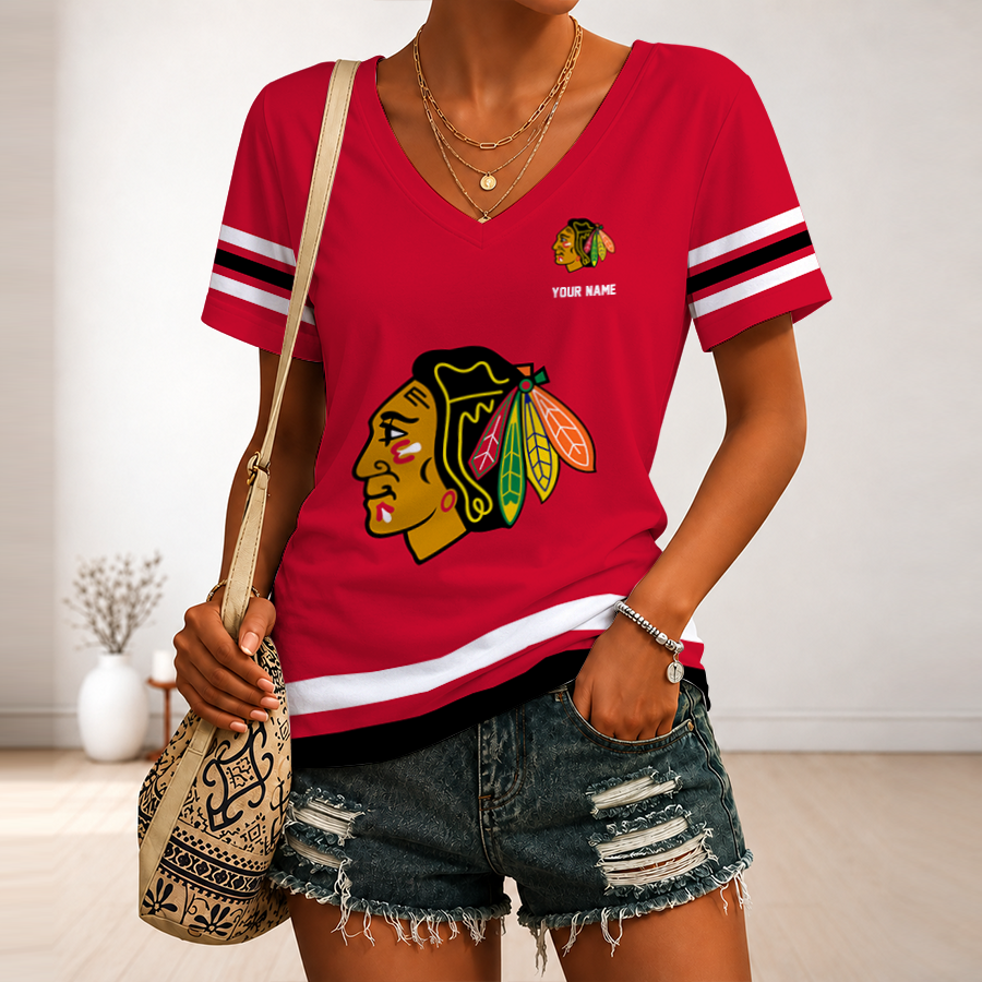 [SUPER SALE] NEW CUSTOMIZED NHL08 CBH CHICAGO BLACKHAWKS V-NECK FEMALE SHIRT