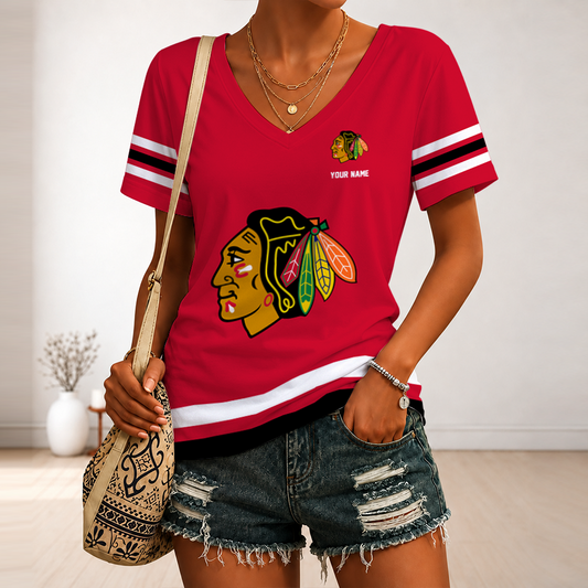 [SUPER SALE] NEW CUSTOMIZED NHL08 CBH CHICAGO BLACKHAWKS V-NECK FEMALE SHIRT