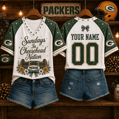 EXCLUSIVE EDITION - NEW CUSTOMIZED NFL08 GBP GREEN BAY PACKERS V-NECK FEMALE SHIRT