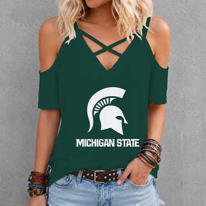 [FAN FAVORITE] NEW CUSTOMIZED NCAA MFF08 MSS MICHIGAN STATE SPARTANS CRISS CROSS V-NECK TOP