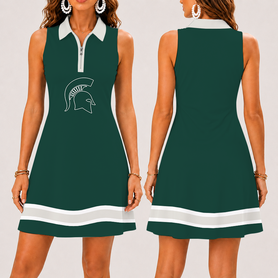 [FAN FAVORITE] NEW CUSTOMIZED NCAA MFF08 MSS MICHIGAN STATE SPARTANS WOMEN'S ZIP SLEEVELESS POLO DRESS