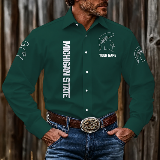 LIMITED EDITION - NEW CUSTOMIZED NCAA MFF08 MSS MICHIGAN STATE SPARTANS MEN'S LONG SLEEVE BUTTON-UP SHIRT