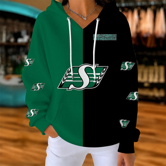 [FAN EXCLUSIVE] NEW CUSTOMIZED CFL08 SSK SASKATCHEWAN ROUGHRIDERS STRAPPY RIBBED HOODIE & SWEATSHIRT