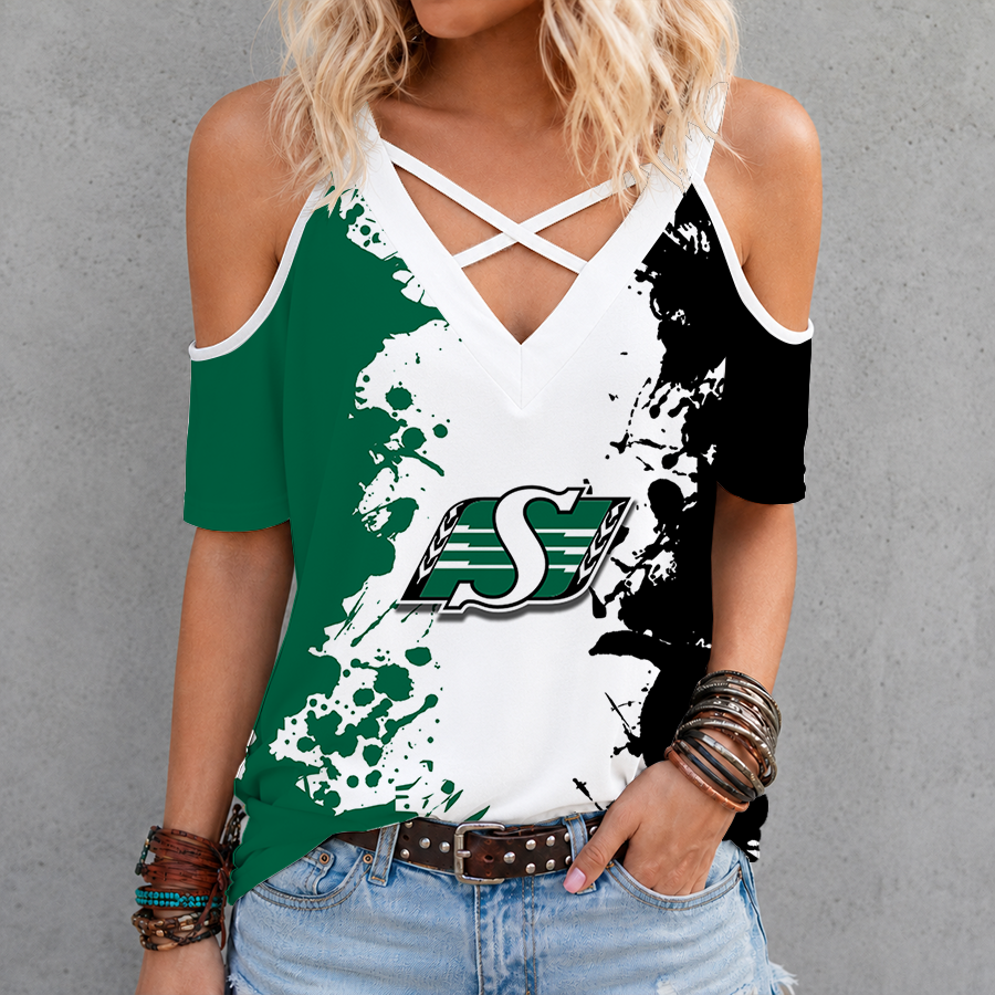 [FAN EXCLUSIVE] NEW CUSTOMIZED CFL08 SSK SASKATCHEWAN ROUGHRIDERS STRAPPY CRISS CROSS V-NECK TOP