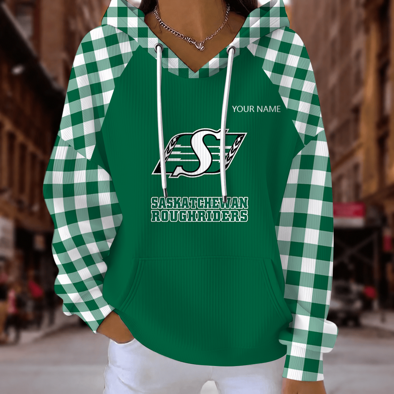 [FAN EXCLUSIVE] NEW CUSTOMIZED CFL08 SSK SASKATCHEWAN ROUGHRIDERS STRAPPY RIBBED HOODIE & SWEATSHIRT