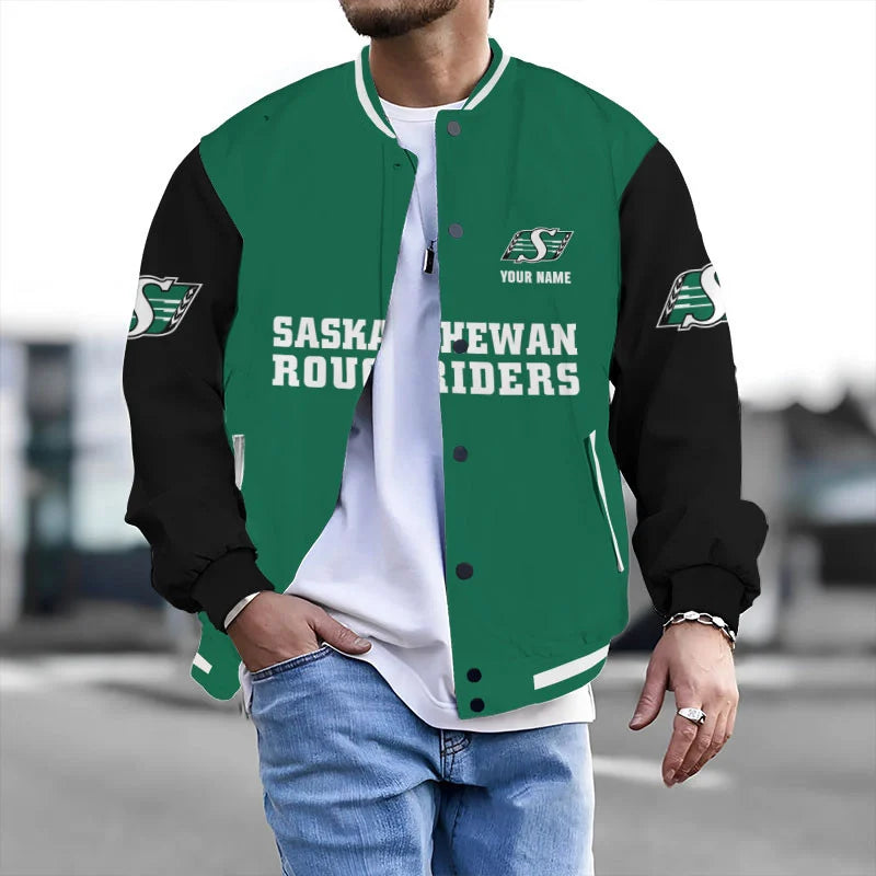 [FAN EXCLUSIVE] NEW CUSTOMIZED CFL08 SSK SASKATCHEWAN ROUGHRIDERS BASEBALL JACKET & SATIN VARSITY JACKET