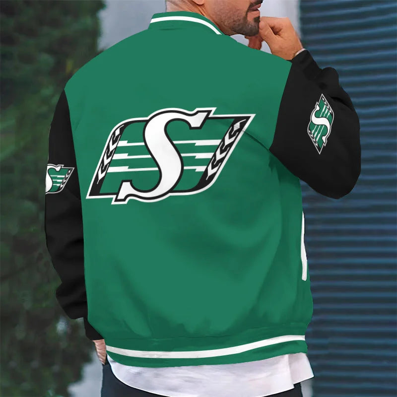 [FAN EXCLUSIVE] NEW CUSTOMIZED CFL08 SSK SASKATCHEWAN ROUGHRIDERS BASEBALL JACKET & SATIN VARSITY JACKET