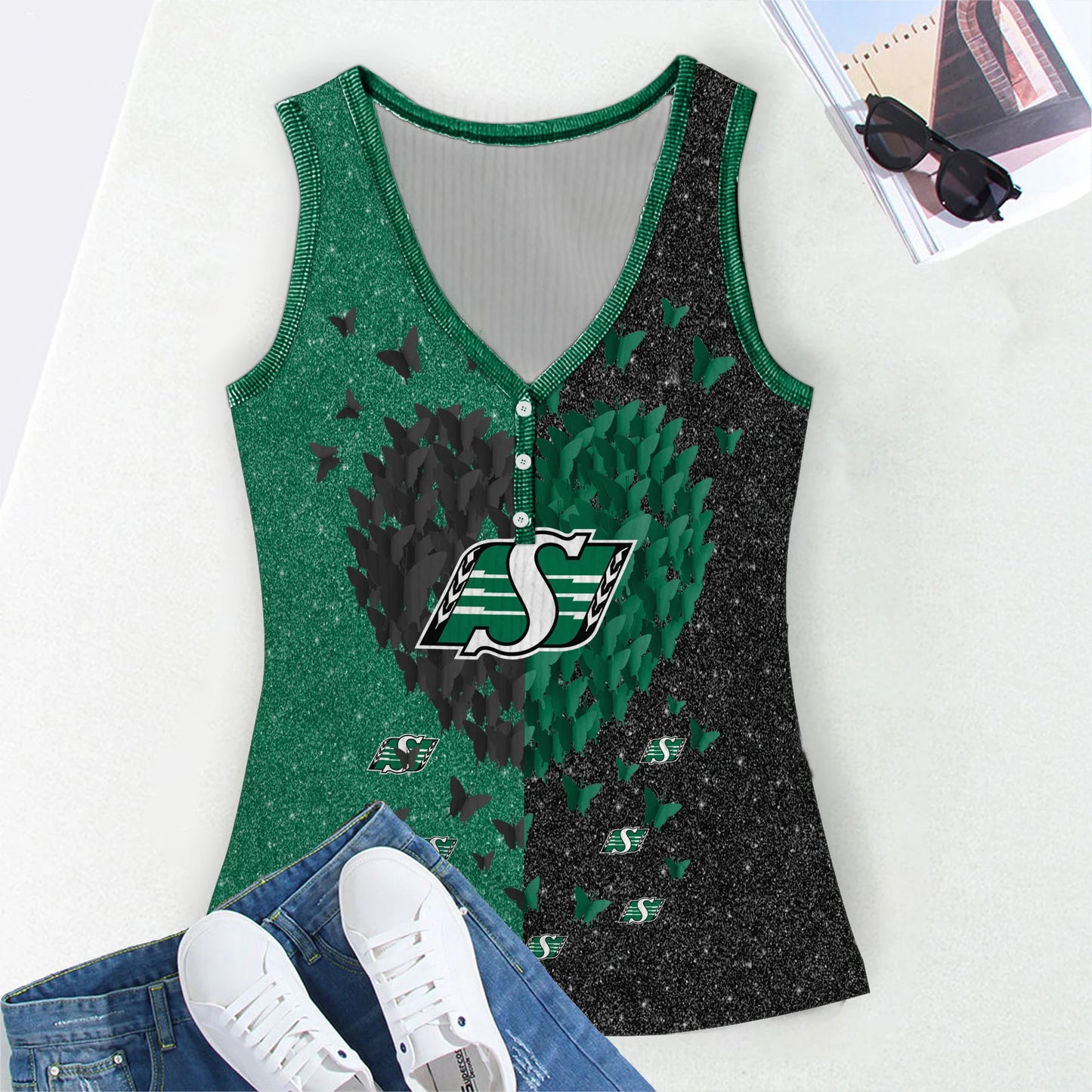 [FAN EXCLUSIVE] NEW CUSTOMIZED CFL08 SSK SASKATCHEWAN ROUGHRIDERS WOMEN'S V-NECK TANK TOP