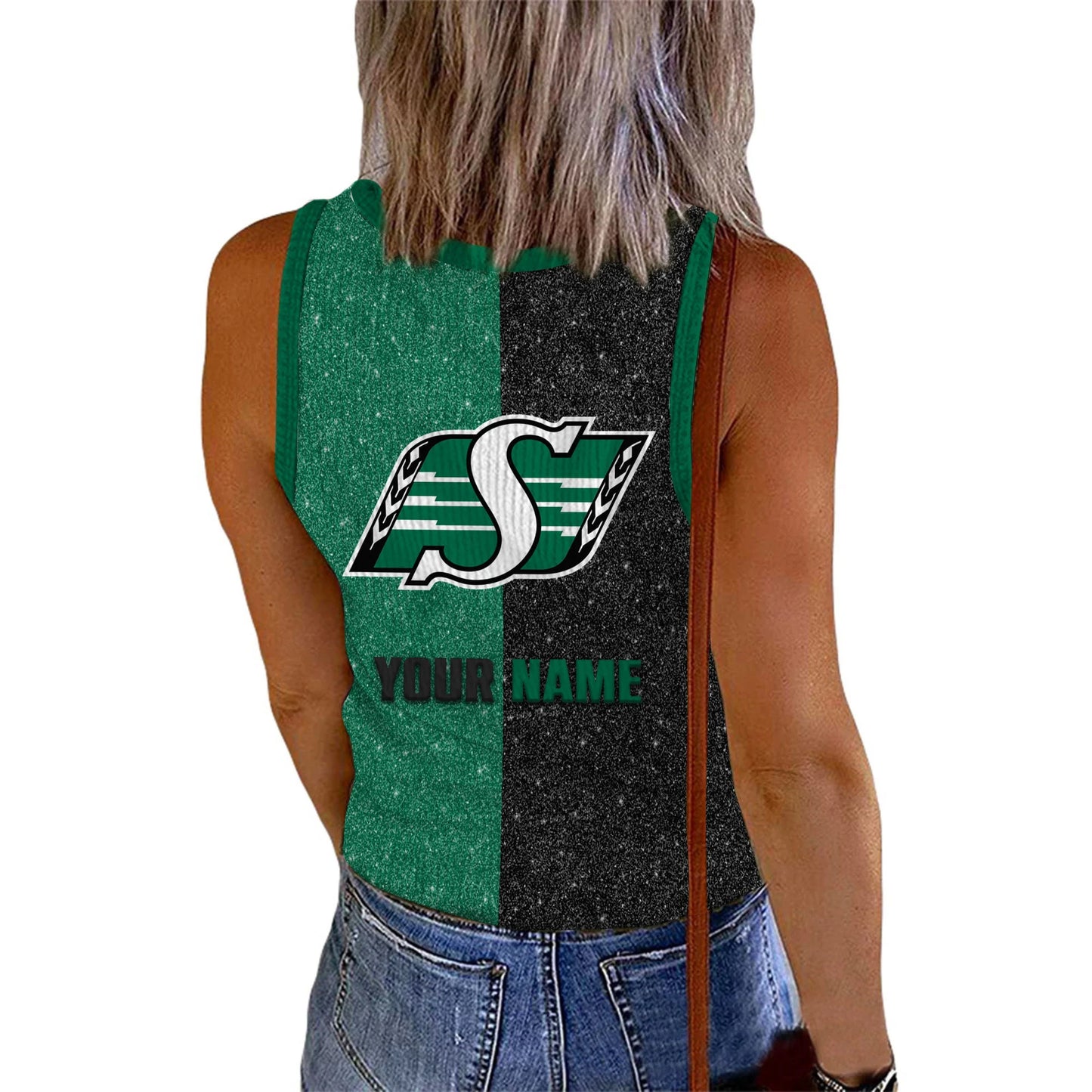 [FAN EXCLUSIVE] NEW CUSTOMIZED CFL08 SSK SASKATCHEWAN ROUGHRIDERS WOMEN'S V-NECK TANK TOP