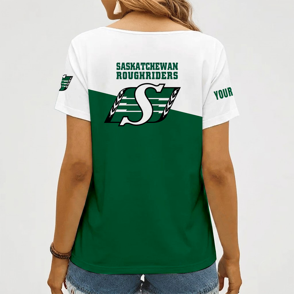 [FAN EXCLUSIVE] NEW CUSTOMIZED CFL08 SSK SASKATCHEWAN ROUGHRIDERS STRAPPY V-NECK FEMALE SHIRT