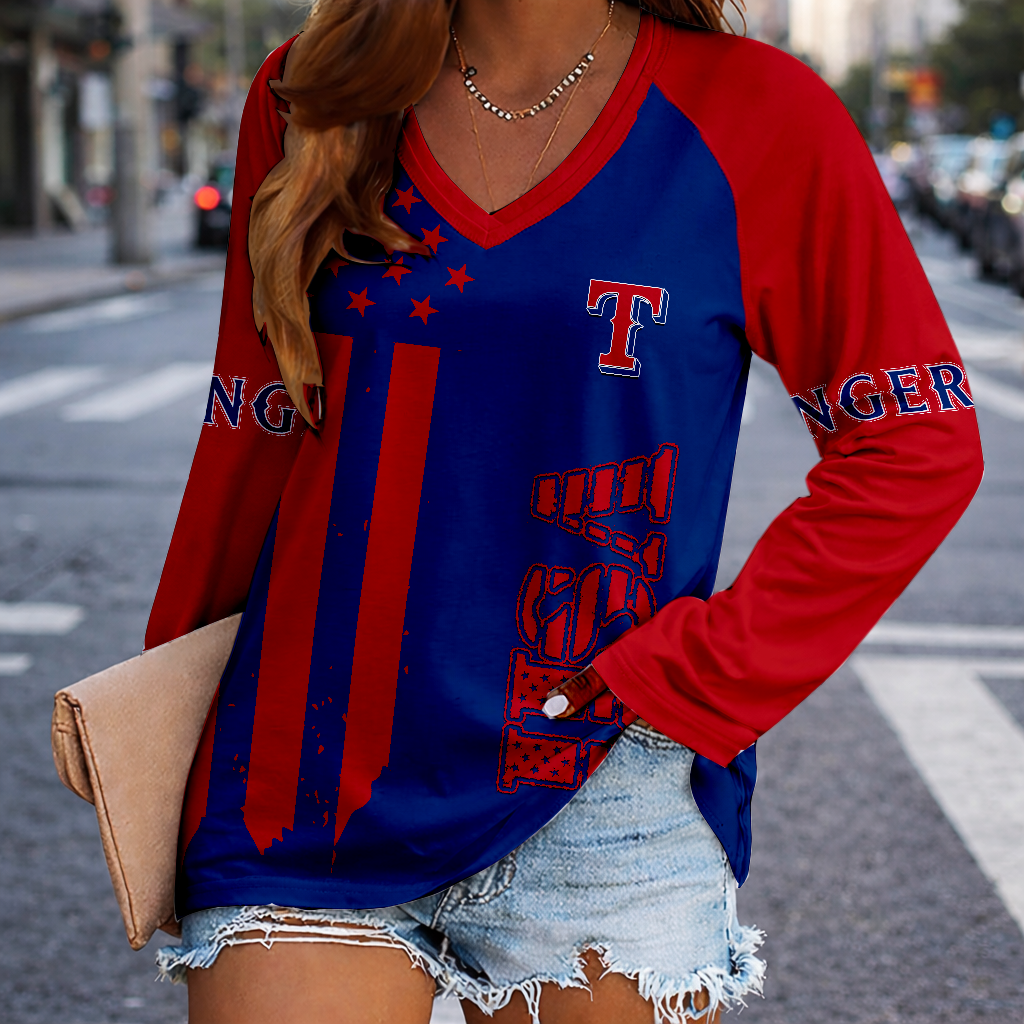 LIMITED EDITION - NEW CUSTOMIZED MLB08 TRS TEXAS RANGERS WOMEN'S V-NECK LONG SLEEVED SHIRT