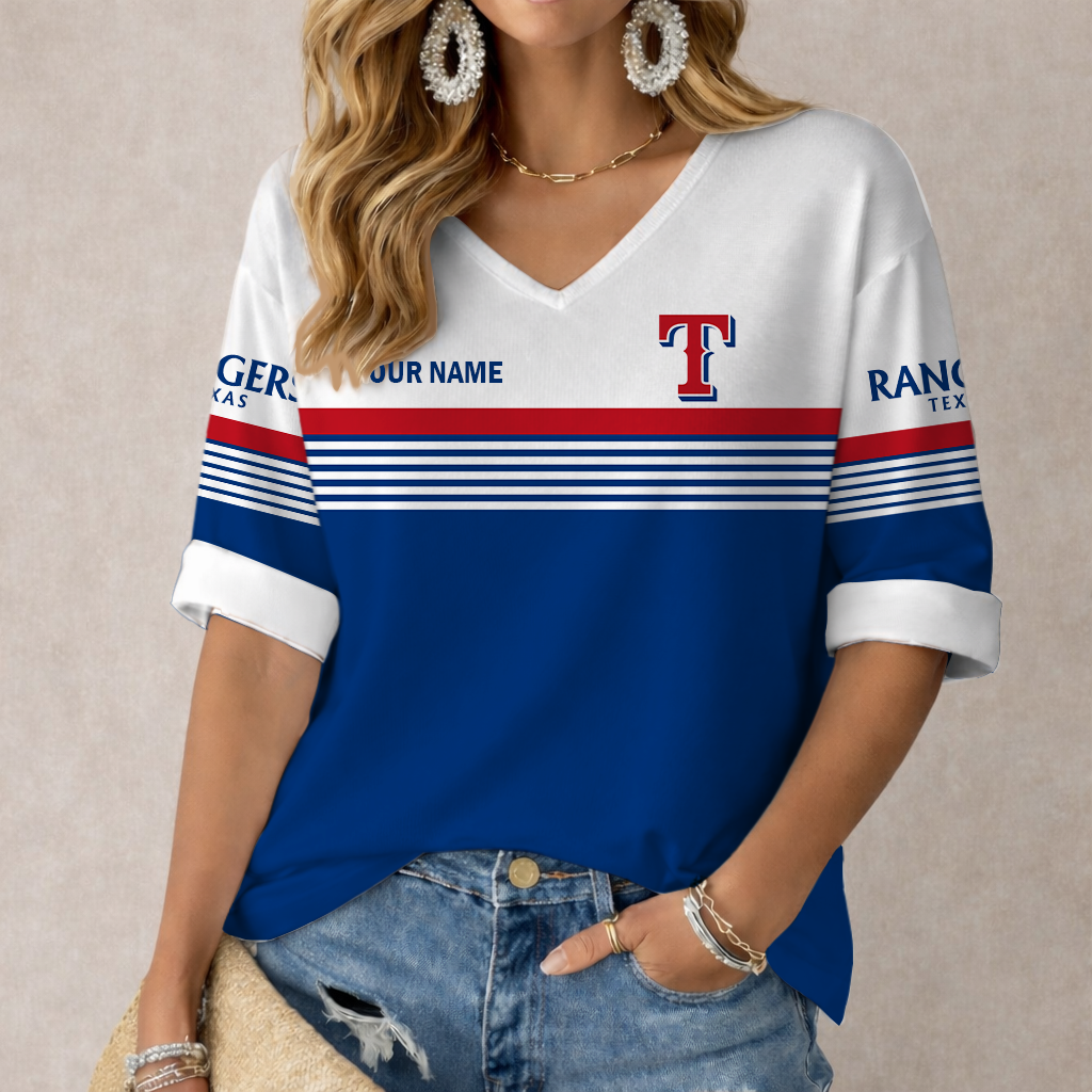 LIMITED EDITION - NEW CUSTOMIZED MLB08 TRS TEXAS RANGERS WOMEN'S HEART V-NECK LONG SLEEVE SHIRT