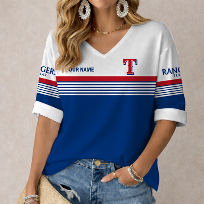 LIMITED EDITION - NEW CUSTOMIZED MLB08 TRS TEXAS RANGERS WOMEN'S HEART V-NECK LONG SLEEVE SHIRT